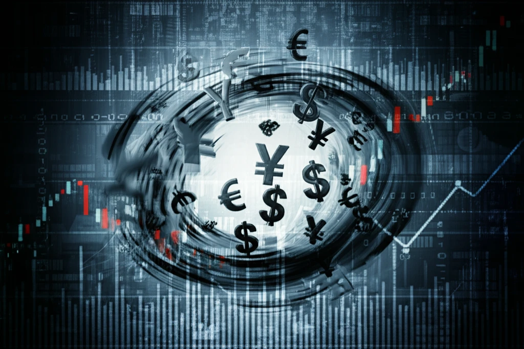 Surreal illustration of currency symbols swirling around a speculator.