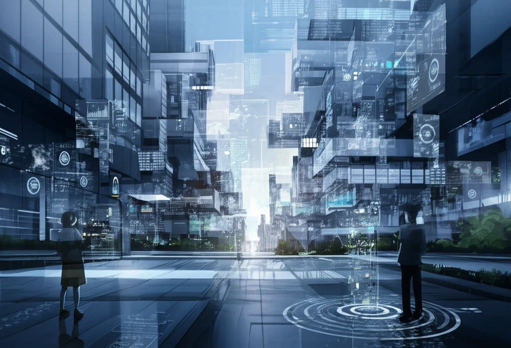 Futuristic university campus showcasing predictive maintenance data flowing over buildings.