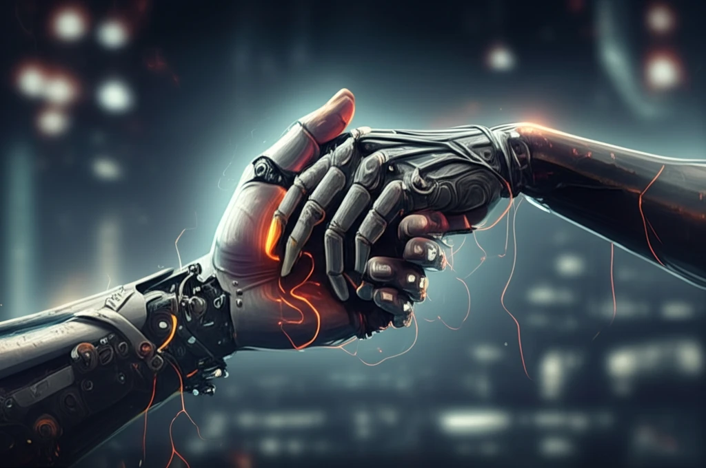 Robotic hand gently holding a human hand, with glowing lines representing pressure distribution and variable stiffness profiles.