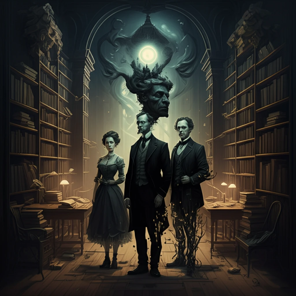 Surreal illustration depicting Victorian intellectuals and hidden secrets.