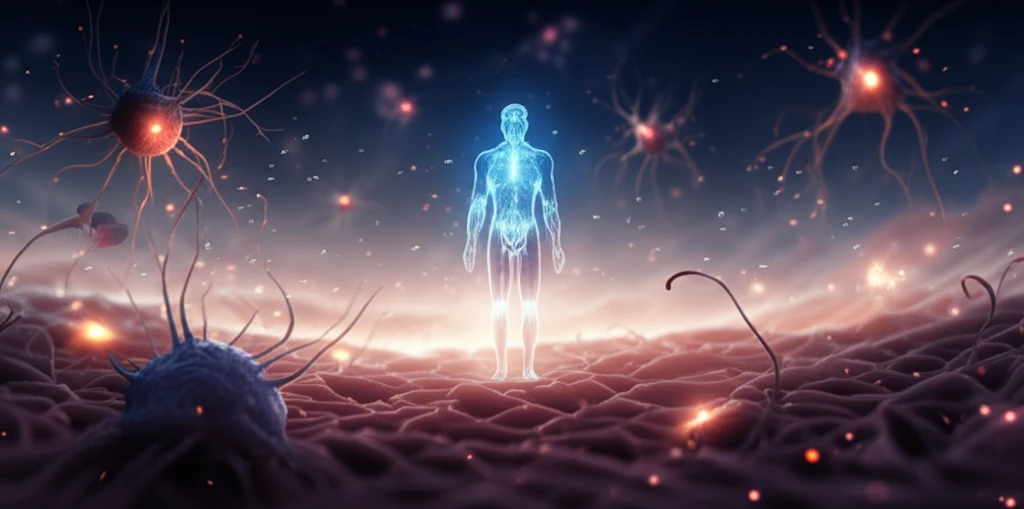 Microscopic glowing nanoparticles inside human tissue.