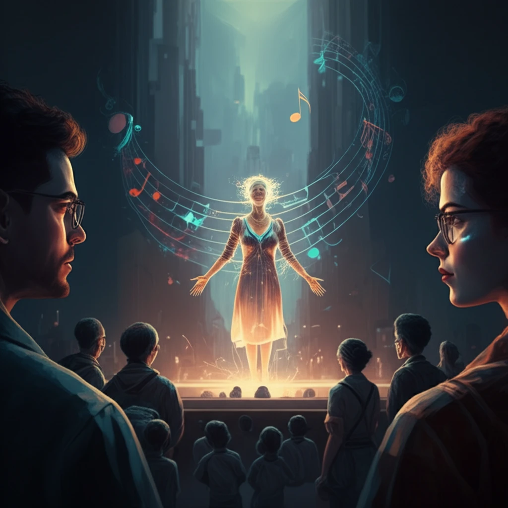Diverse group of people listening to holographic opera singer