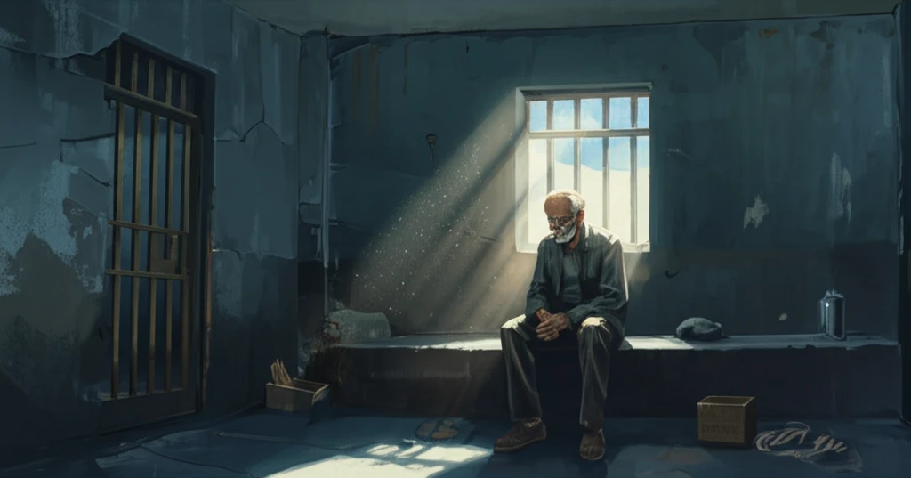 Elderly inmate sitting alone in a prison cell.