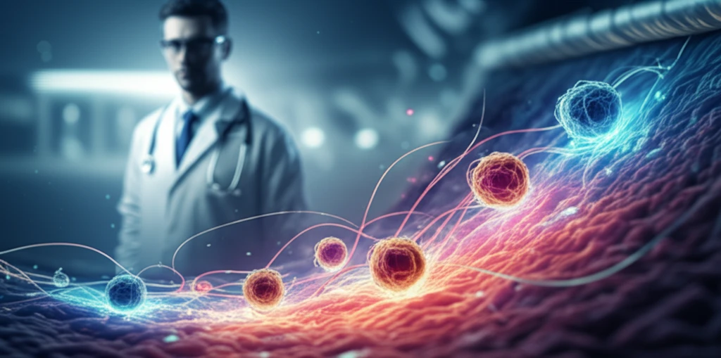 Microscopic view of circulating tumor cells in a microfluidic device.