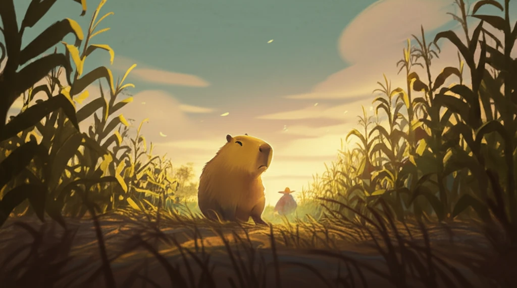 Capybara and farmer coexist in a cornfield at twilight.
