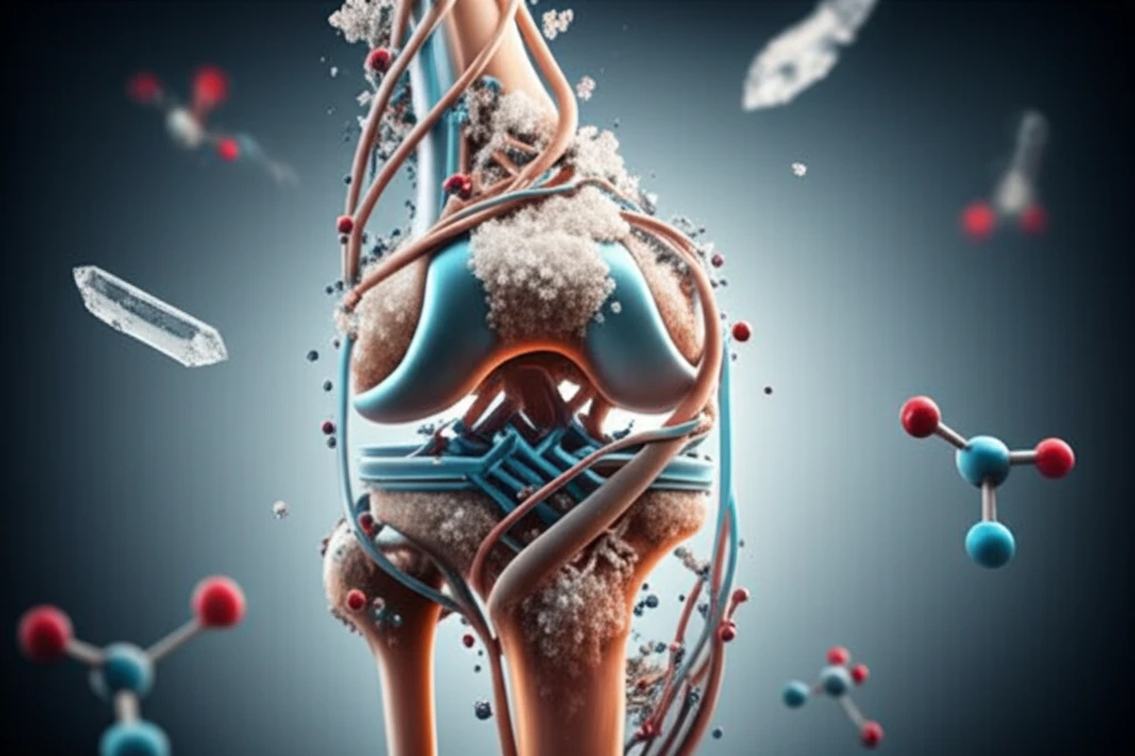 Surreal illustration of a knee joint with sugar crystals and insulin molecules representing the connection between diabetes and osteoarthritis.