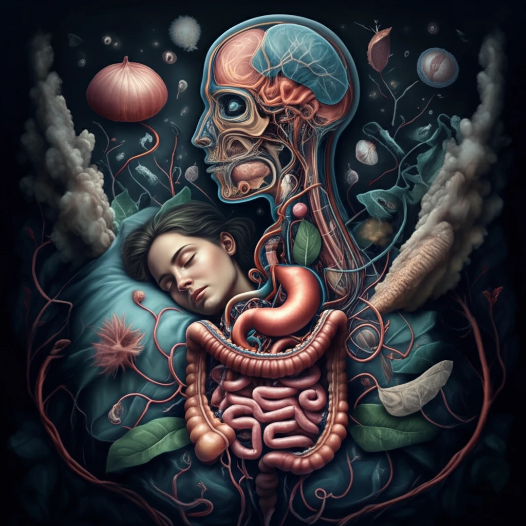 Surreal image of peaceful sleep intertwined with digestive, facial, and respiratory systems.