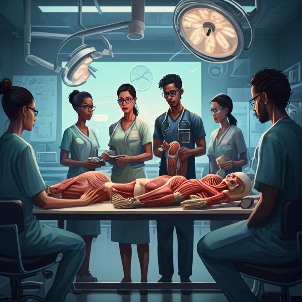 Medical students learning anatomy with plastinated models in a modern surgical training center.