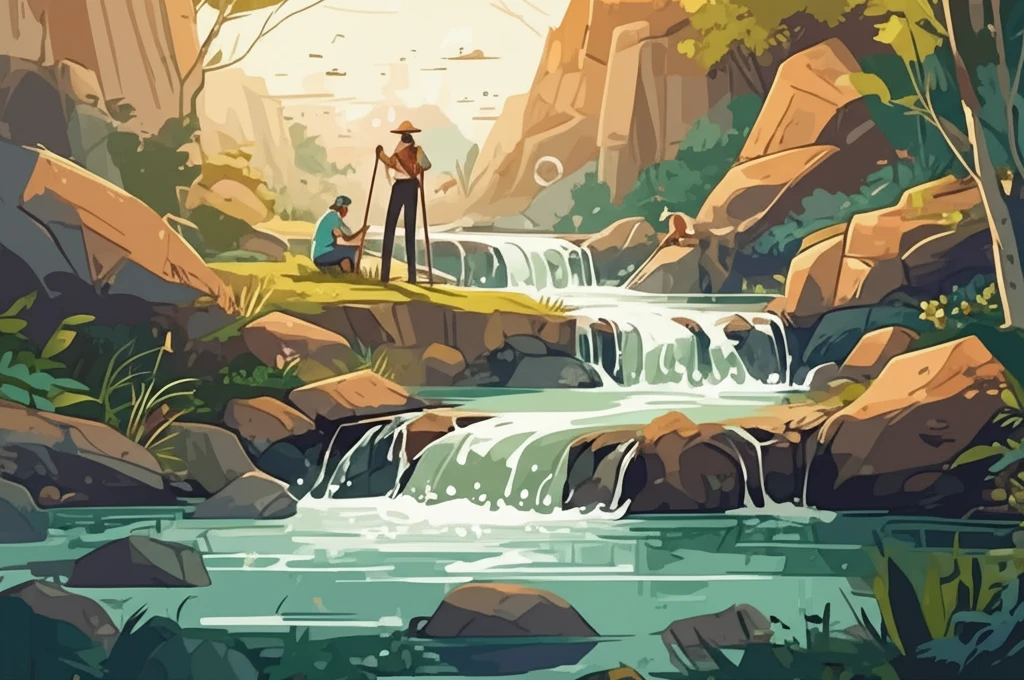 Surreal illustration of stakeholders collaborating around a river basin, symbolizing water policy influence.