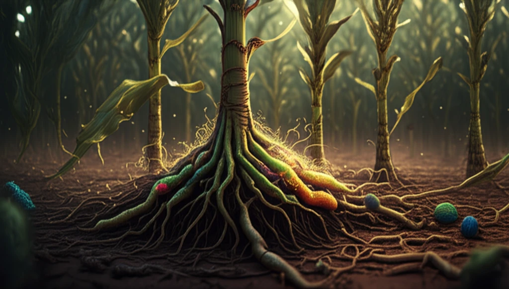 Surreal illustration of glowing corn roots intertwined with colorful bacteria, symbolizing endophytic relationships in maize.