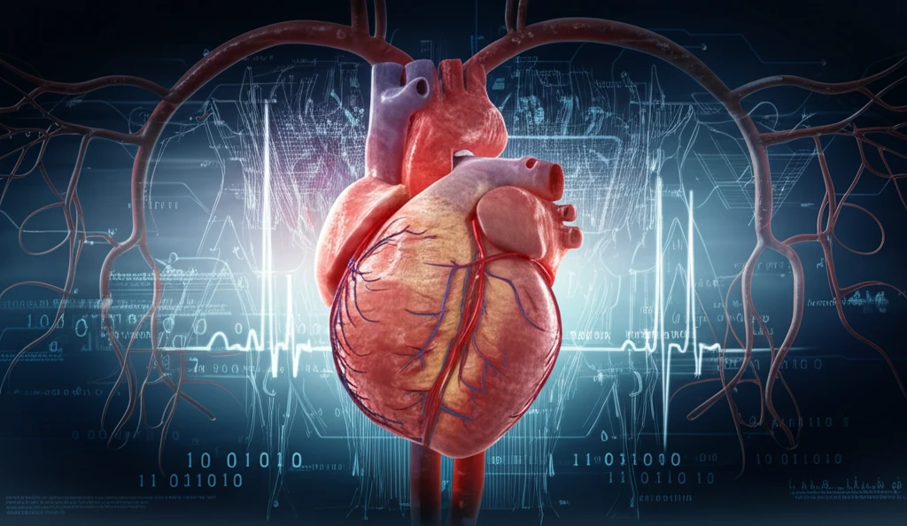 Digital illustration of a human heart with a detailed map showcasing arteries and blood flow.