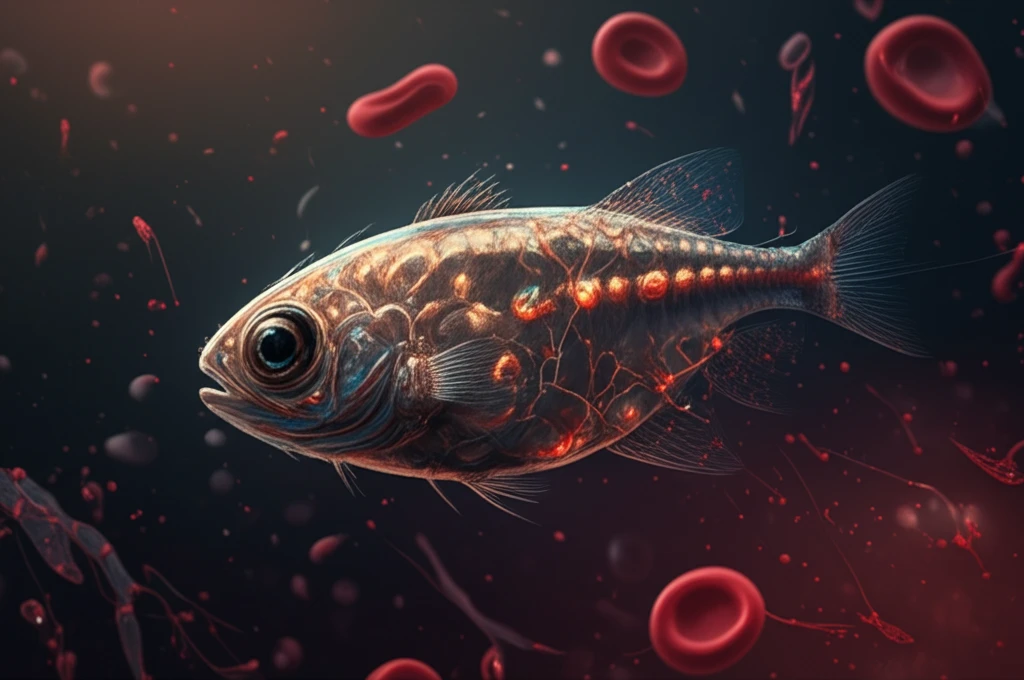 Zebrafish embryo with glowing blood cells, illustrating microRNA control over blood development.