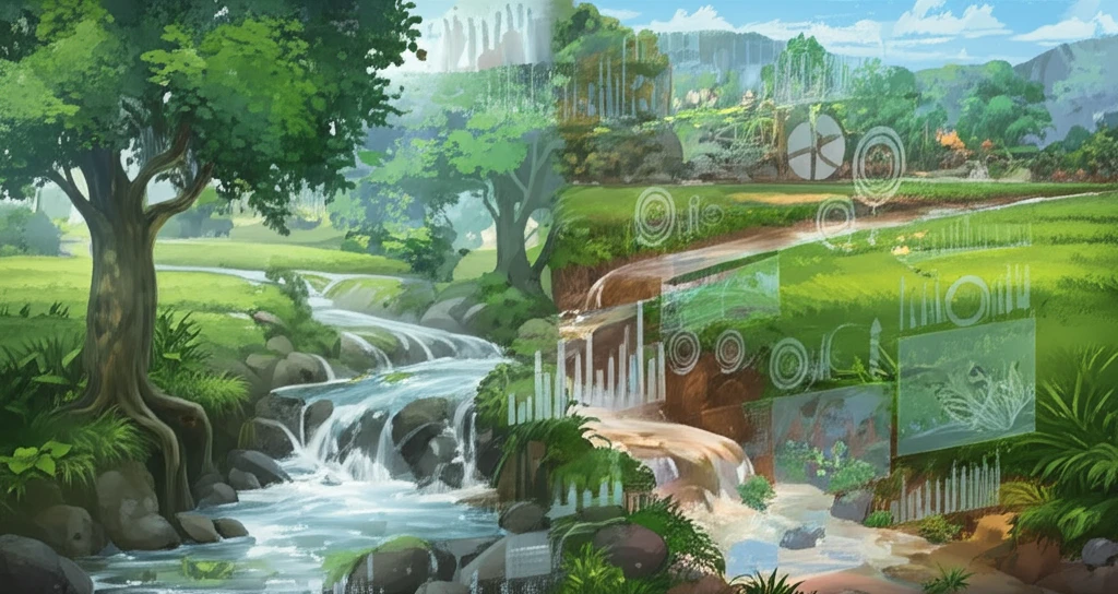 Healthy river flowing through farmland with data visualizations, contrasting with a polluted stream.
