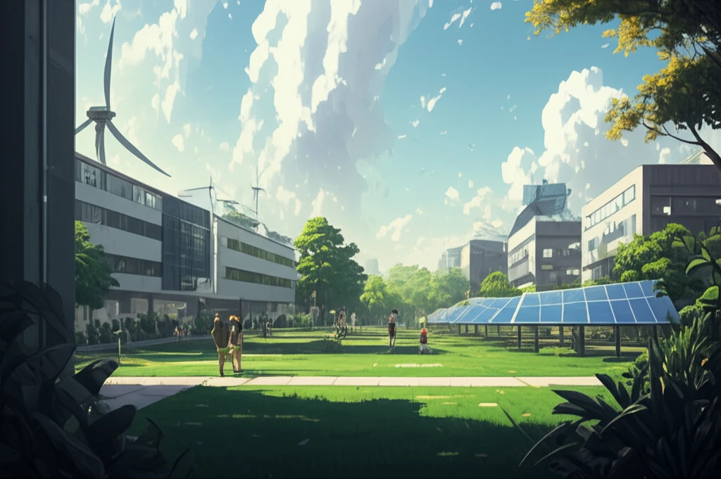 College campus with sustainable features like solar panels and green spaces.