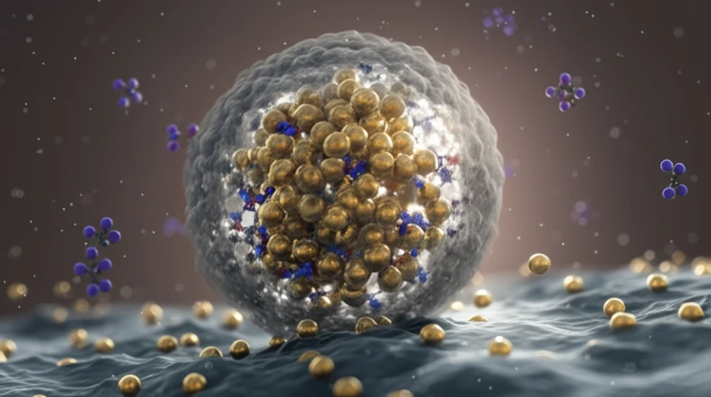 Illustration of artificial enzyme with gold nanoparticles and chiral molecules for selective reactions.