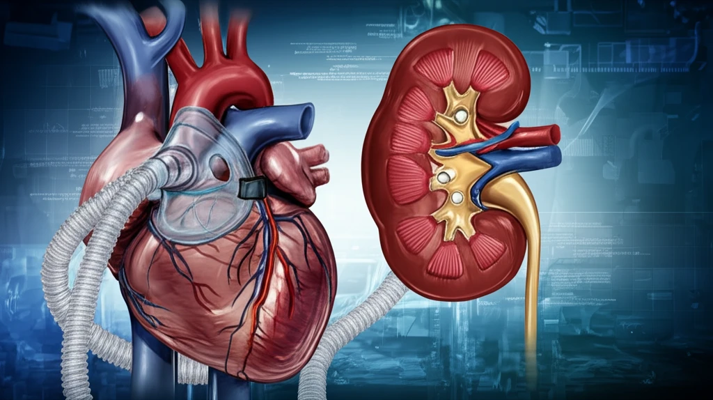 Heart intertwined with CPAP mask and kidney, symbolizing health.