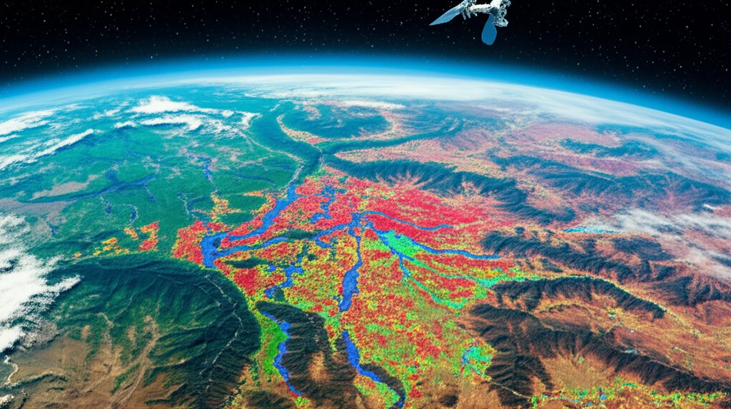 Satellite view of rangeland with leaf nitrogen distribution map overlay.