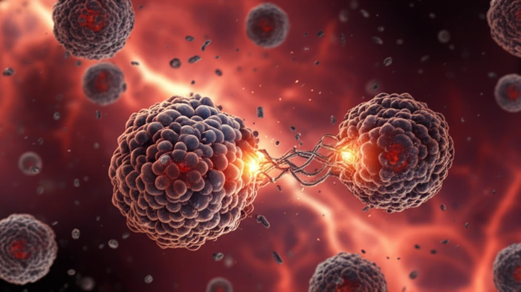 Microscopic view of iron oxide nanoparticles attacking a tumor cell, surrounded by glowing plasma.