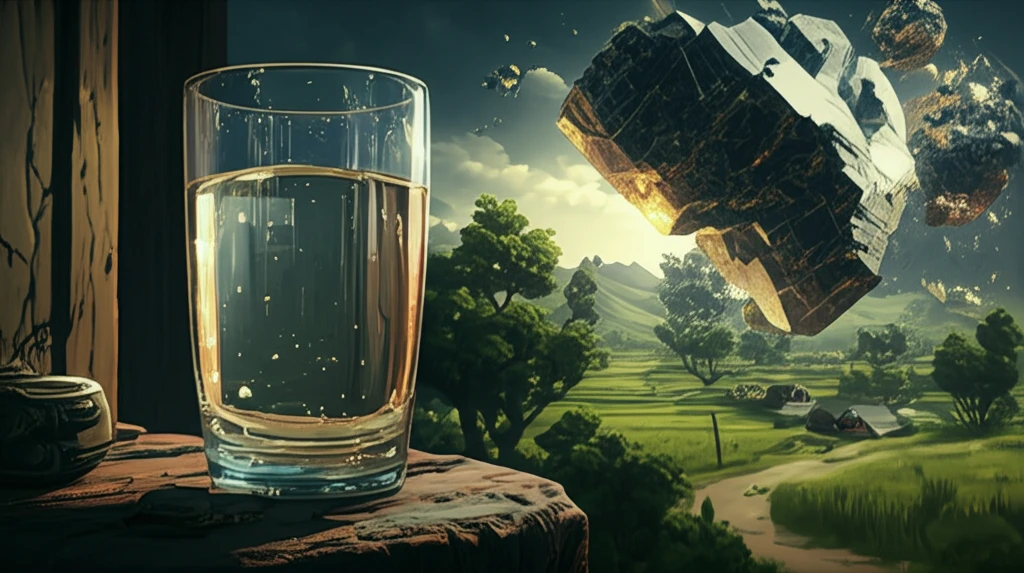 Glass of water reflecting a landscape of rural Punjab, India, symbolizing uranium contamination.