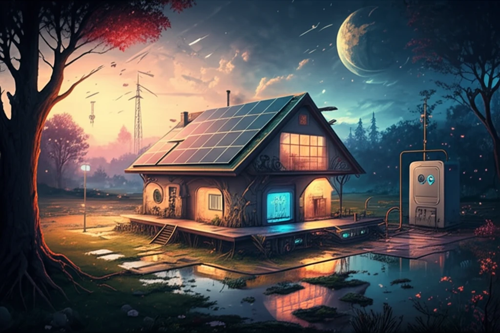 Futuristic home with solar panels and battery storage system showcasing smart energy management.
