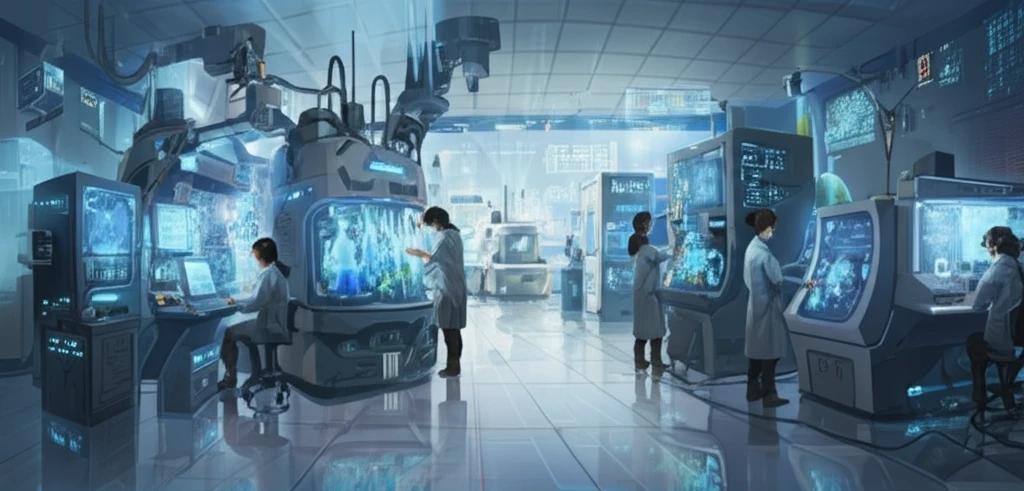 Futuristic pharmaceutical laboratory symbolizing innovation in healthcare.