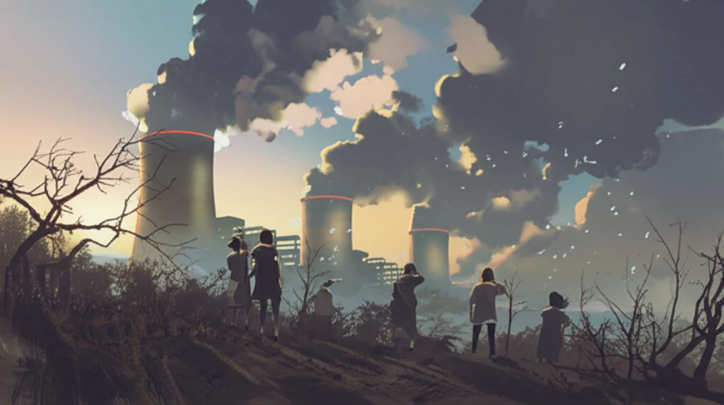 Surreal illustration of a power plant affecting human health and the environment.