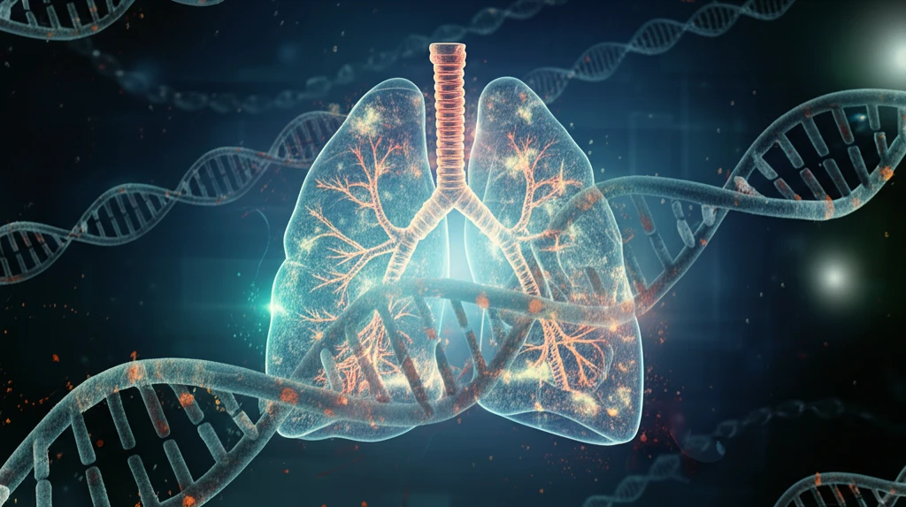 Surreal illustration of microRNA strands interacting with a lung structure.