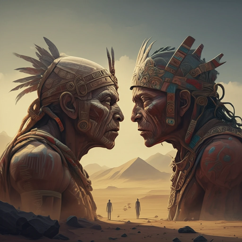 Stylized digital illustration of an ancient Andean face-to-face confrontation.
