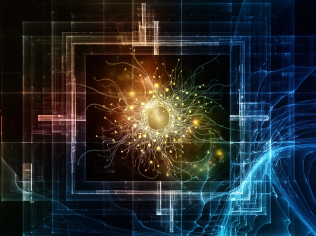 Neural network with glowing connections forming a kernel shape, abstract data streams, geometric patterns.