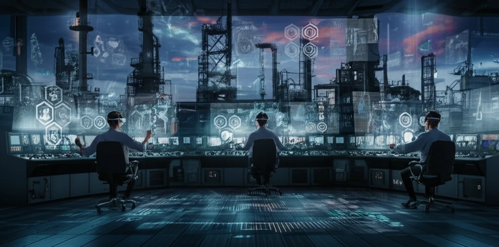 Oil refinery operators using VR headsets in a control room