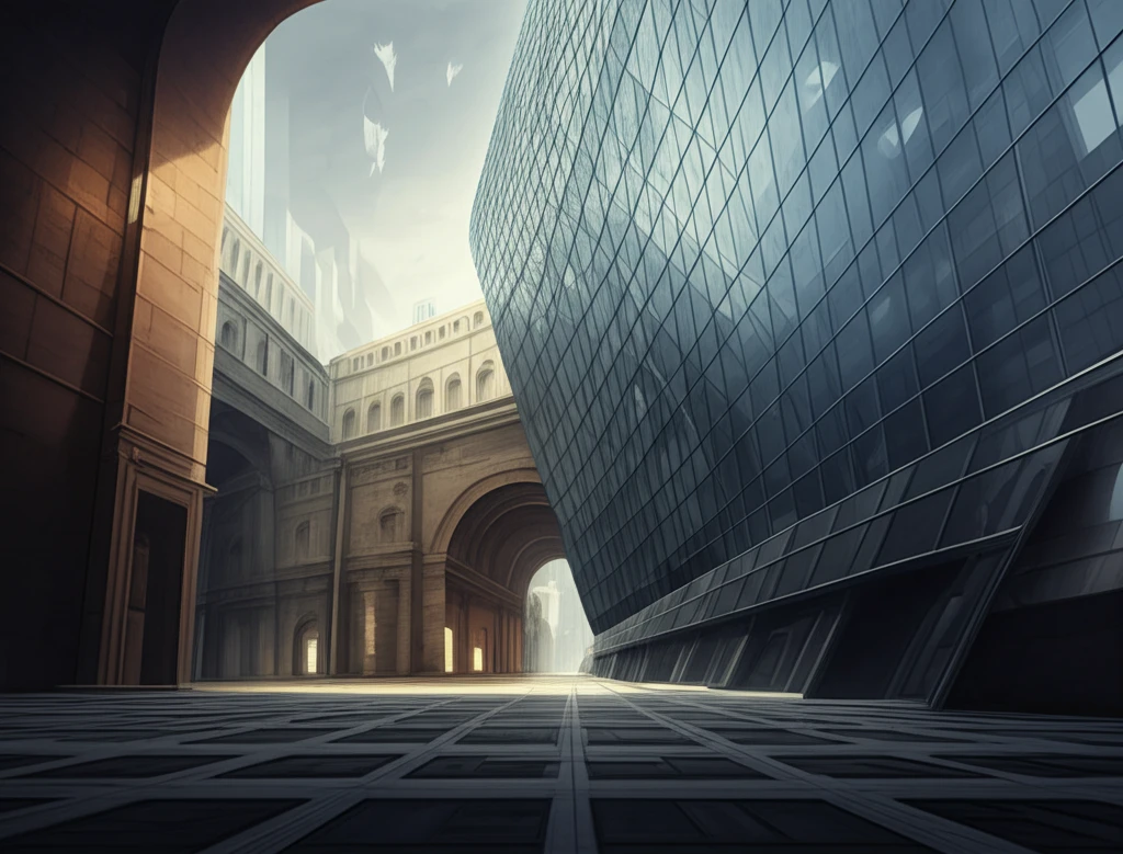 Surreal illustration of ancient vaults transitioning into a modern glass skyscraper, showcasing architectural evolution.