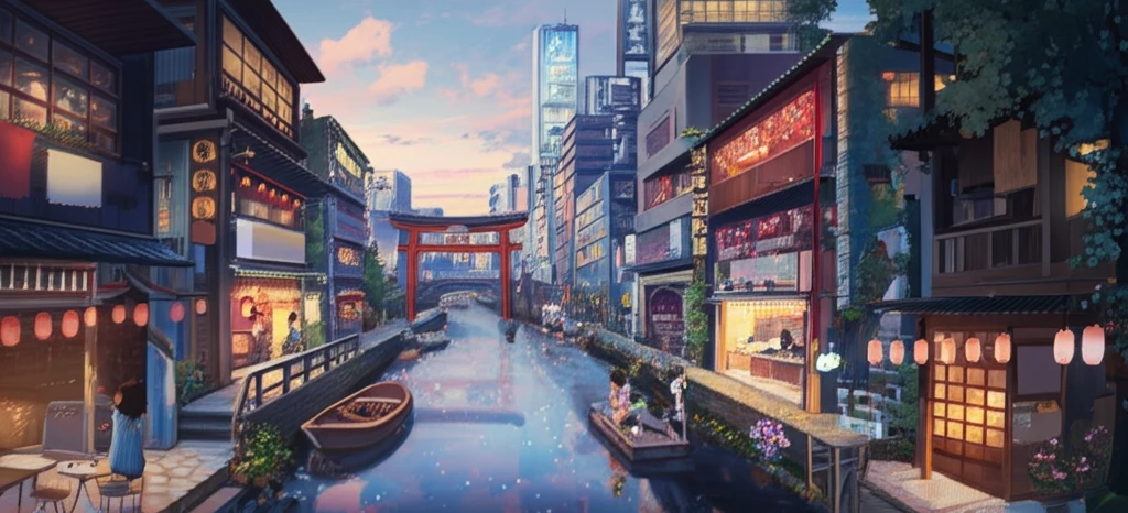 Vibrant Tokyo canal scene with floating restaurants and modern urban life.