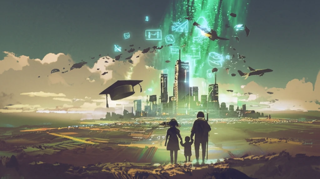 Family silhouetted between cityscape and farmland, representing migration decisions.