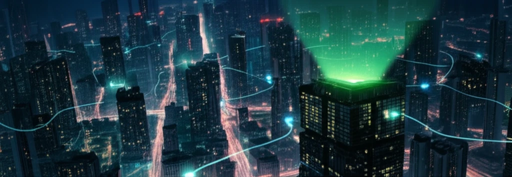 Futuristic cityscape with glowing data streams, symbolizing efficient network communication.