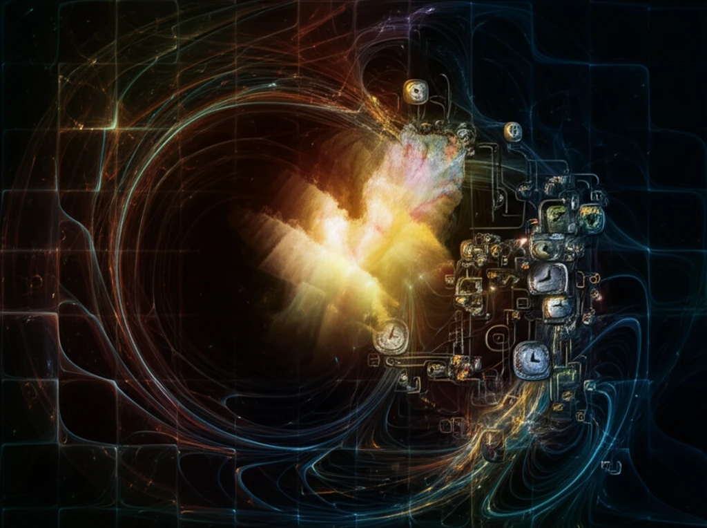 Network of glowing interconnected nodes with shimmering threads representing time delays.