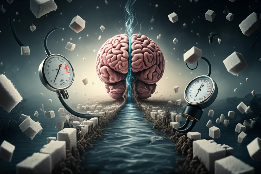 Brain surrounded by sugar cubes and blood pressure gauges symbolizing cognitive clarity and brain health.