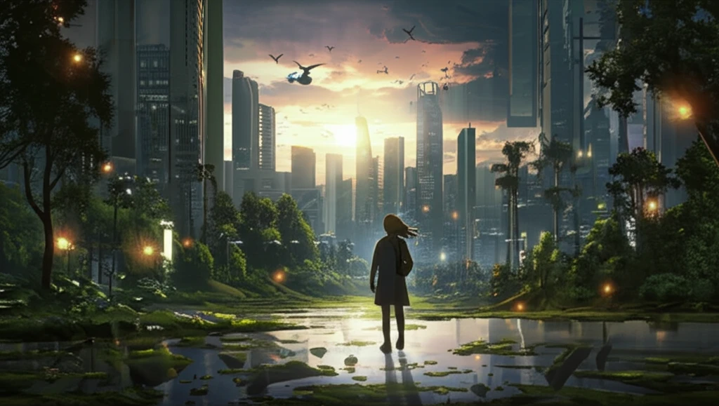 Futuristic city blending technology and nature, symbolizing ecomodernism.