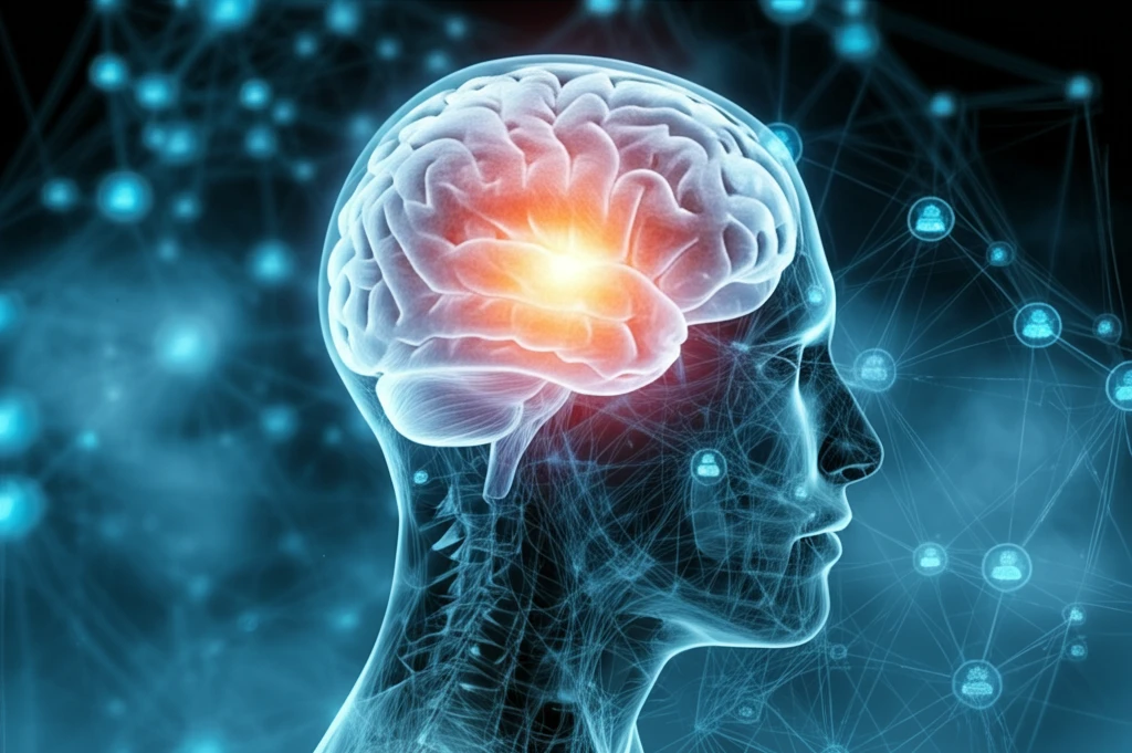 A network of people connected to a glowing brain, symbolizing patient understanding and healthcare communication.