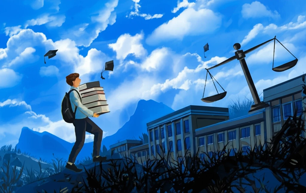 Surreal illustration depicting effort-reward imbalance in a student's academic journey.