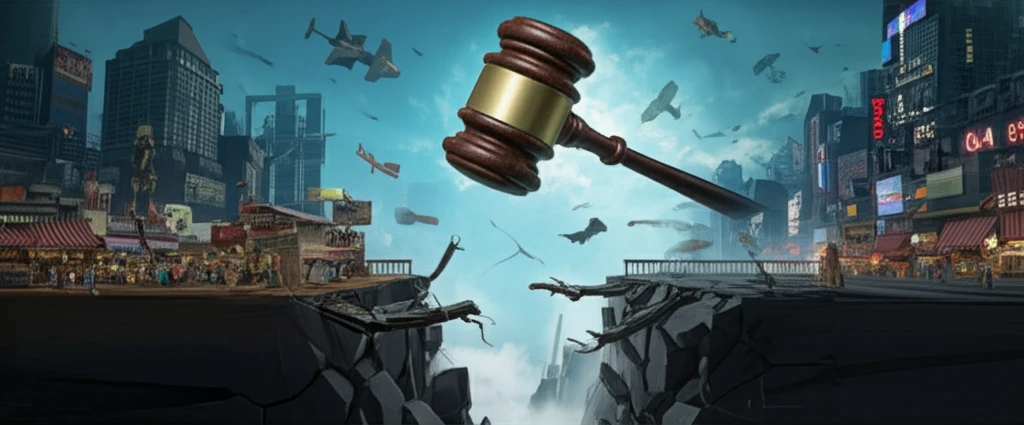 A surreal illustration representing the legal battle between independent retailers and large chain stores, symbolizing market competition and antitrust law.