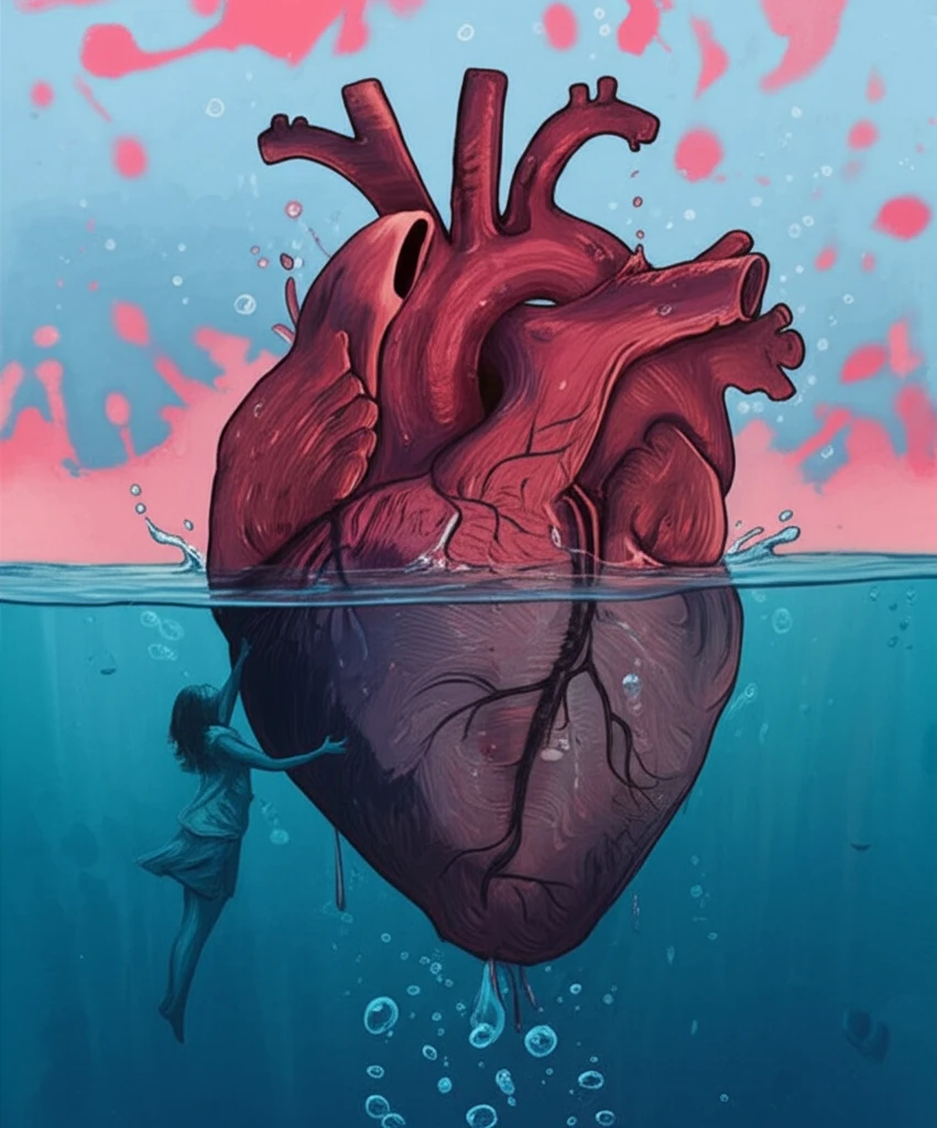 Surreal illustration of a woman reaching for a heart submerged in water, symbolizing hope and heart health.