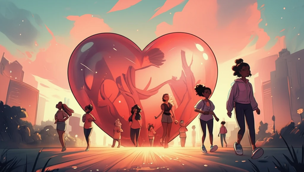 Diverse women engaging in various moderate exercises against a vibrant heart backdrop.