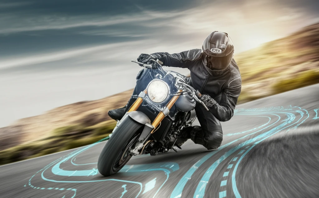 Motorcycle leaning into curve with stability control lines