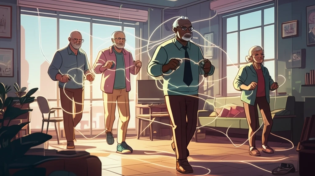 Diverse group of smiling elderly people confidently exercising in their homes.