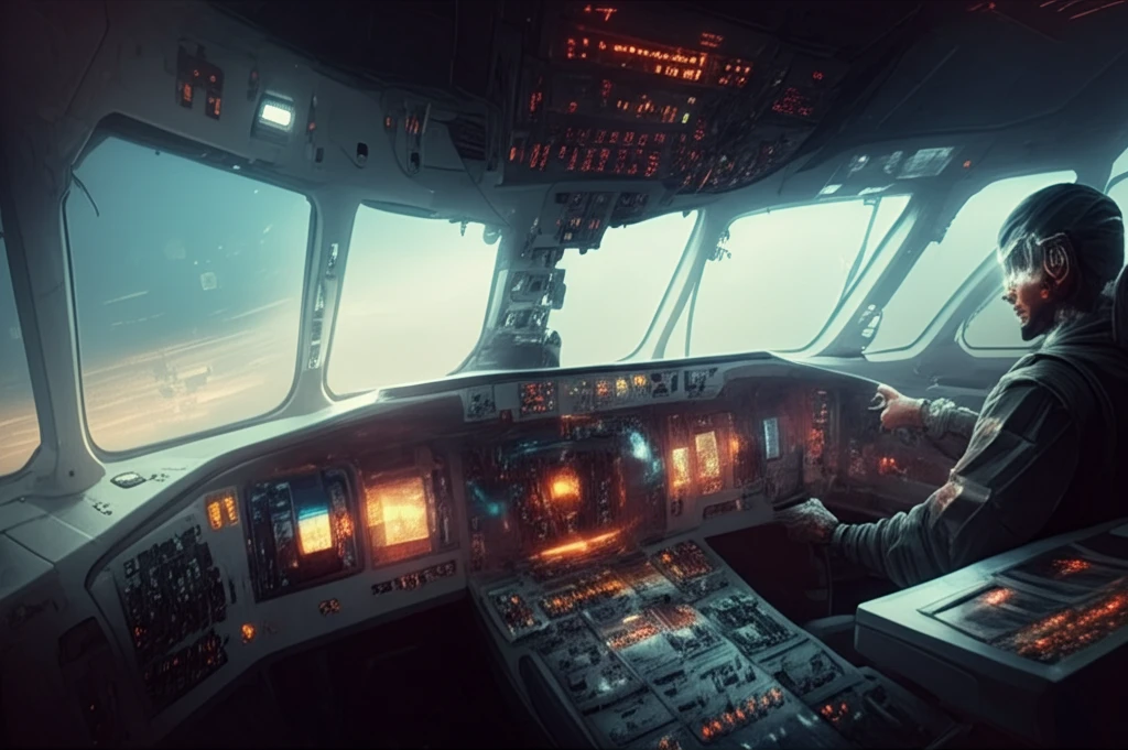 Modern aircraft cockpit featuring glowing touchscreen displays.