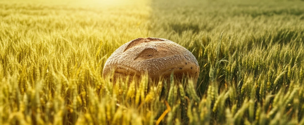 Wheat and barley fields merging into a loaf of bread, symbolizing health and taste.