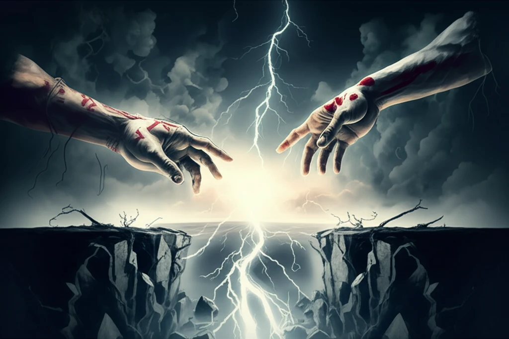 Surreal illustration of interfaith bridge between Christianity and Islam.