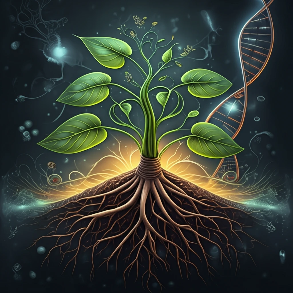 Illustration of a resilient plant thriving in a challenging environment, symbolizing salt tolerance and cellular regulation.