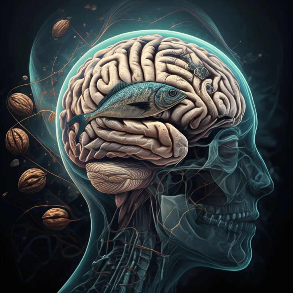 Brain intertwined with omega-3 rich foods, symbolizing natural and pharmaceutical epilepsy treatments