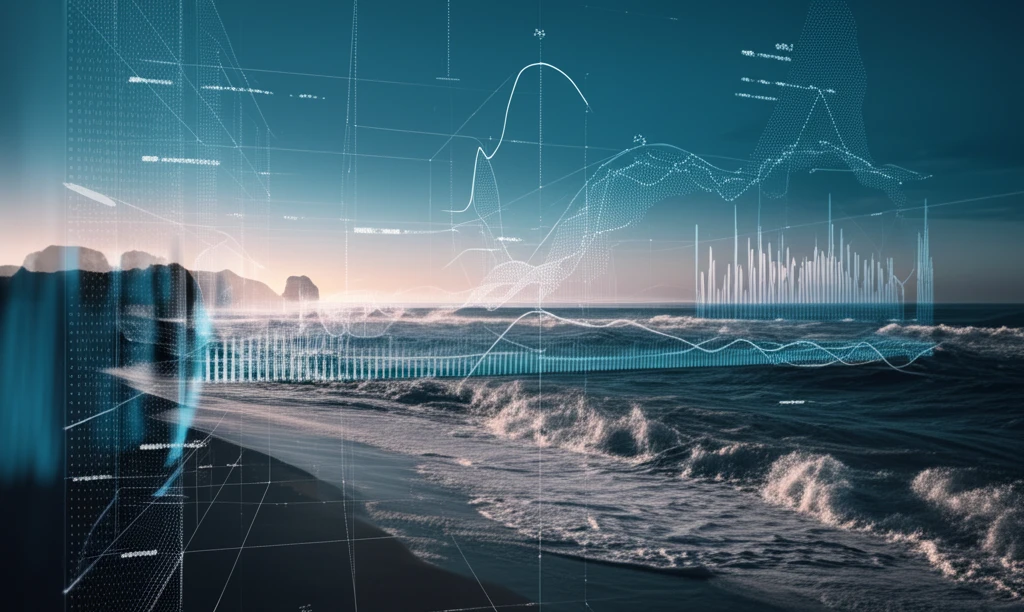 Waves crashing on a beach overlaid with data visualizations representing wave forecasting science.
